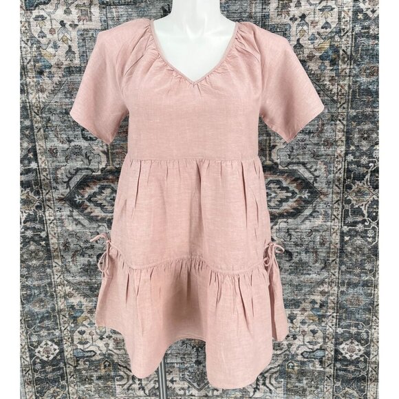 Madewell Linen-Blend Lorelei Mini Dress Pink Size M Tiered V Neck Short Sleeve - Picture 1 of 11